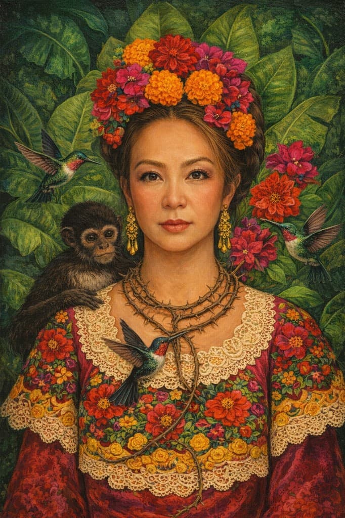 Portrait reinterpreted with bold color, botanical motifs, and folk-art inflection