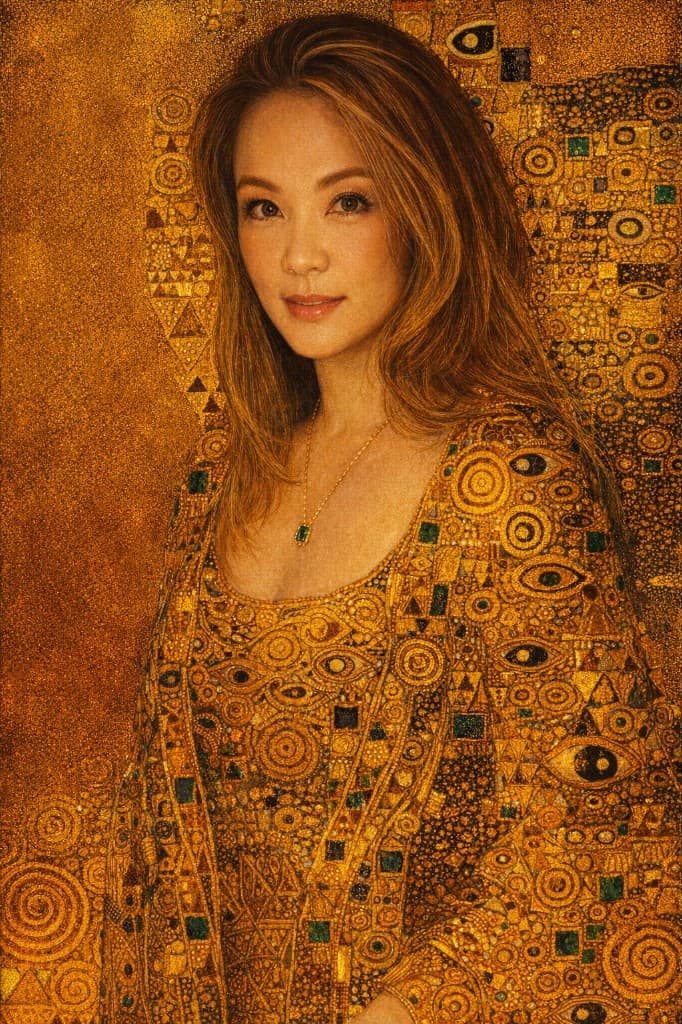 Portrait reinterpreted in gilded Art Nouveau style with geometric patterning