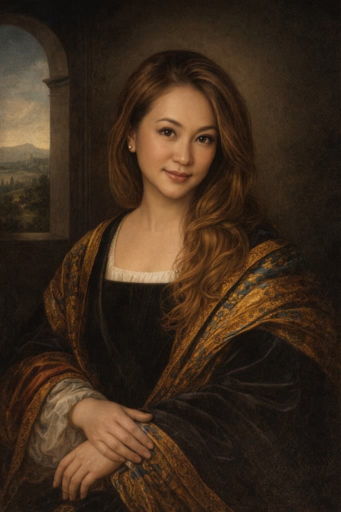 Portrait in Renaissance oil style with soft landscape beyond an arch
