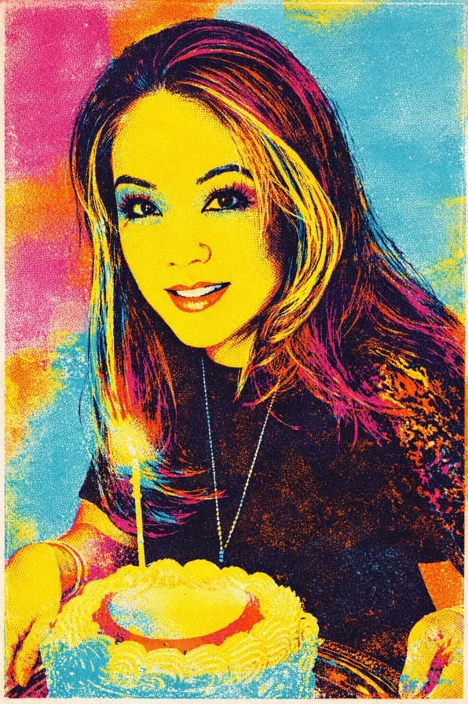 Portrait in bold pop-art screen-print style with vivid color blocks