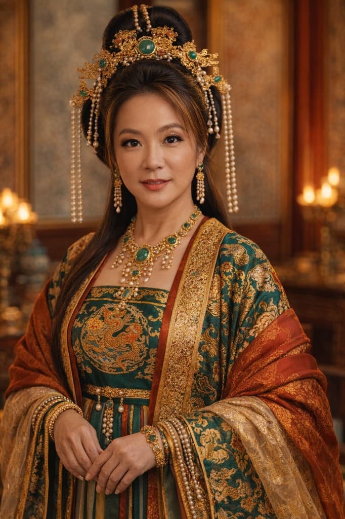 Portrait in emerald and gold ceremonial brocade with palace jewelry