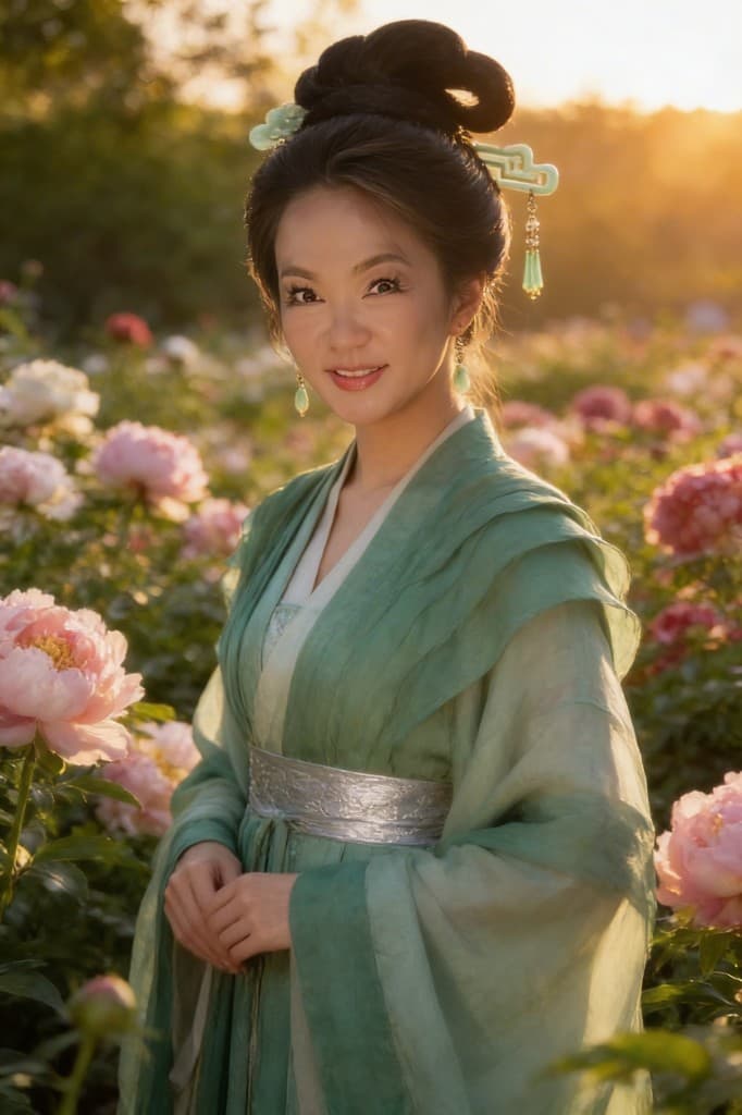 Portrait in historical dress among peonies, soft garden light