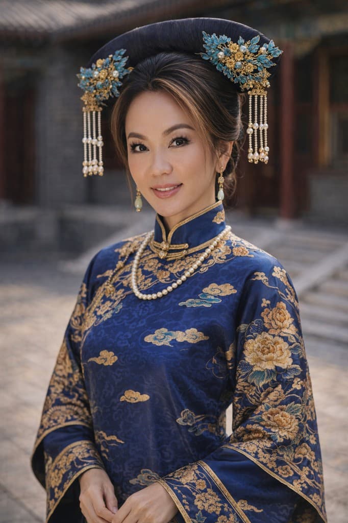 Portrait in Qing-inspired court dress and headdress before palace architecture