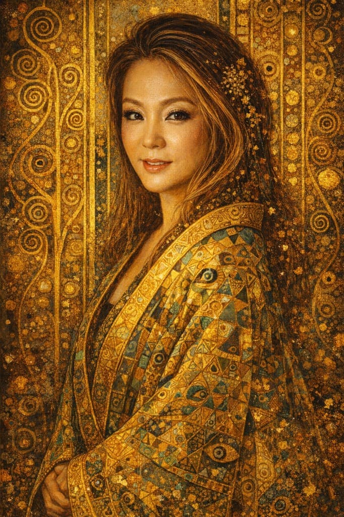 Ornate gold-panel portrait with Art Nouveau patterning