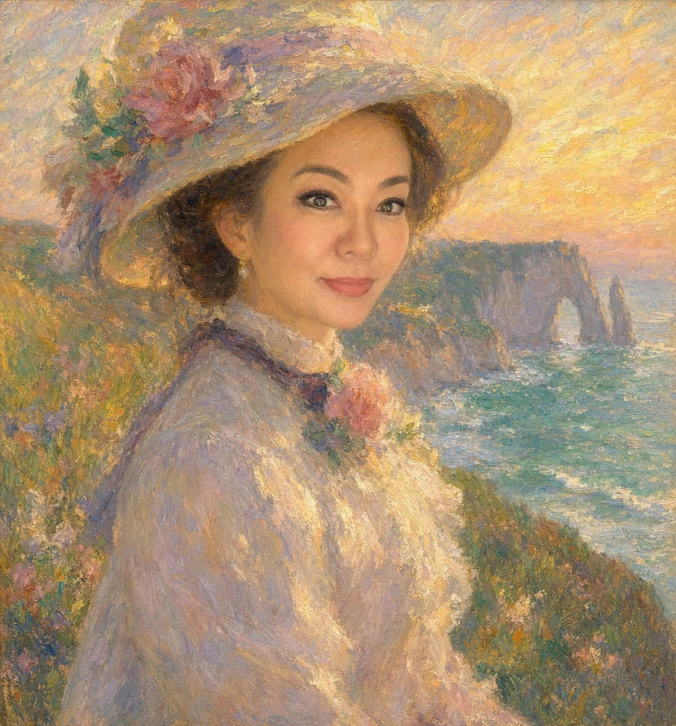 Impressionist coastal portrait in a wide-brim floral hat at sunset