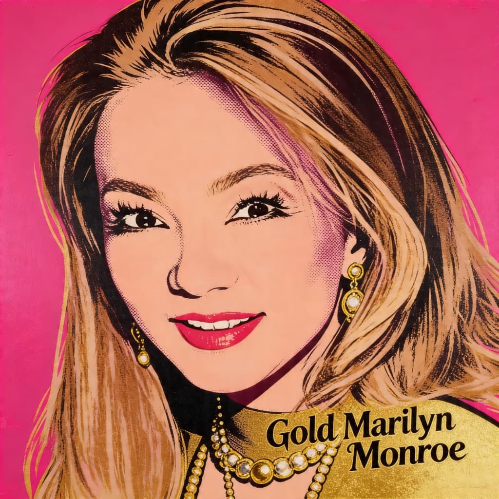 Pop-art portrait on magenta with gold jewelry and halftone shading, screen-print style