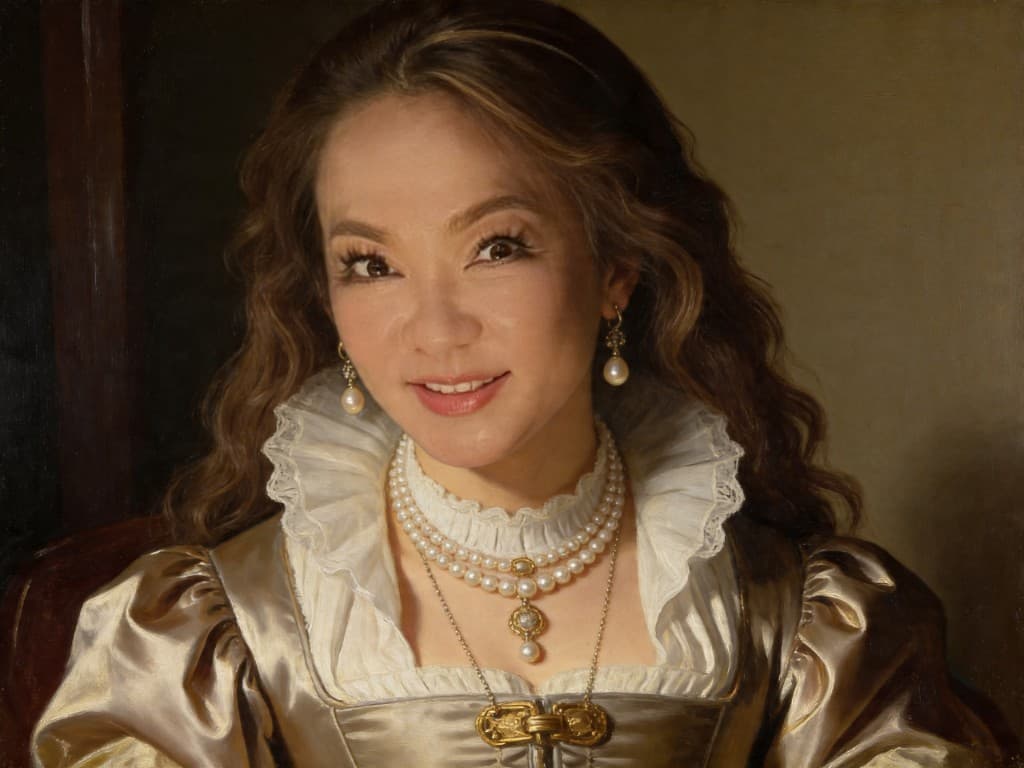 Oil-painting style portrait in gold brocade with lace ruff, pearl necklace, and pearl earrings