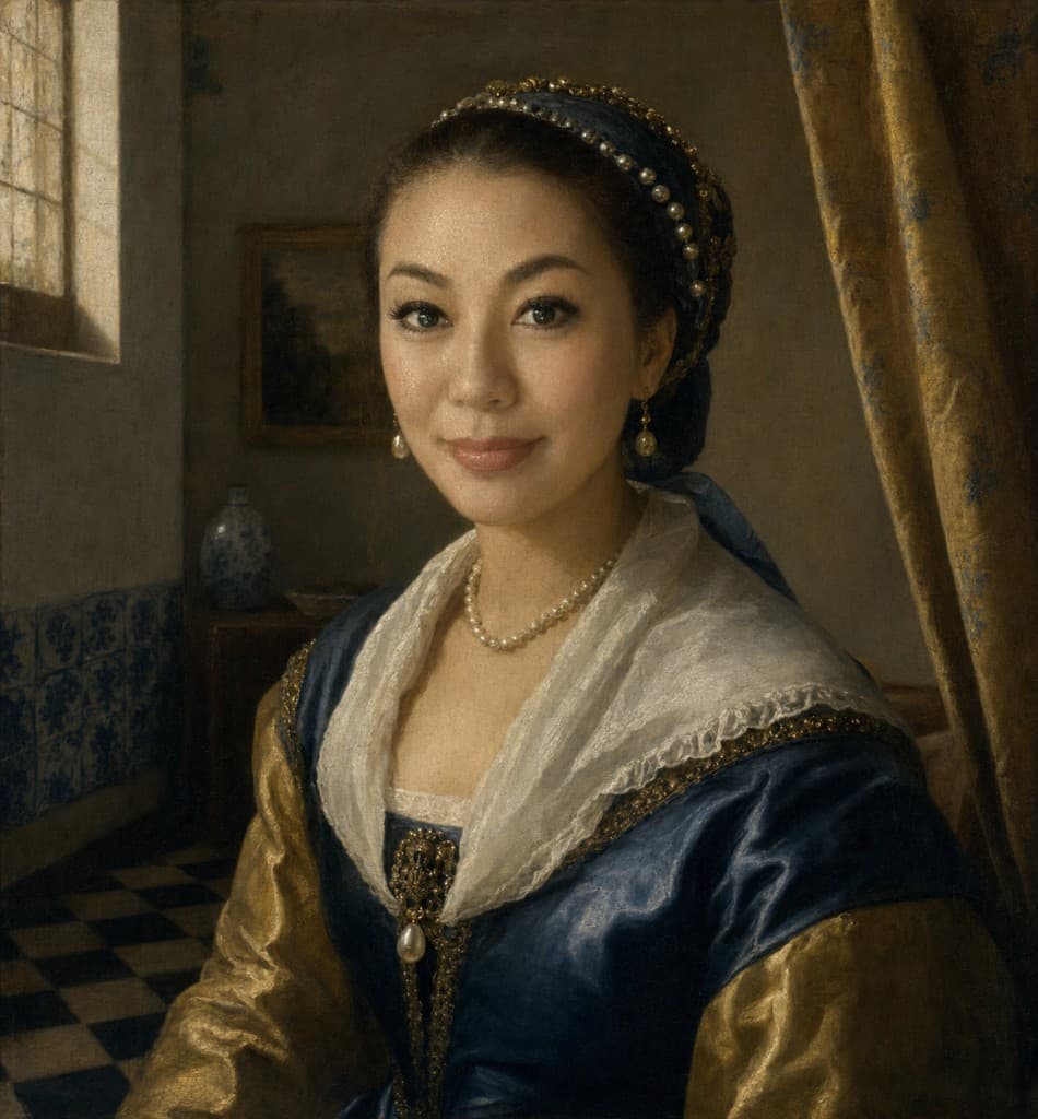 Portrait in blue Renaissance-style gown with pearl jewelry in a softly lit interior