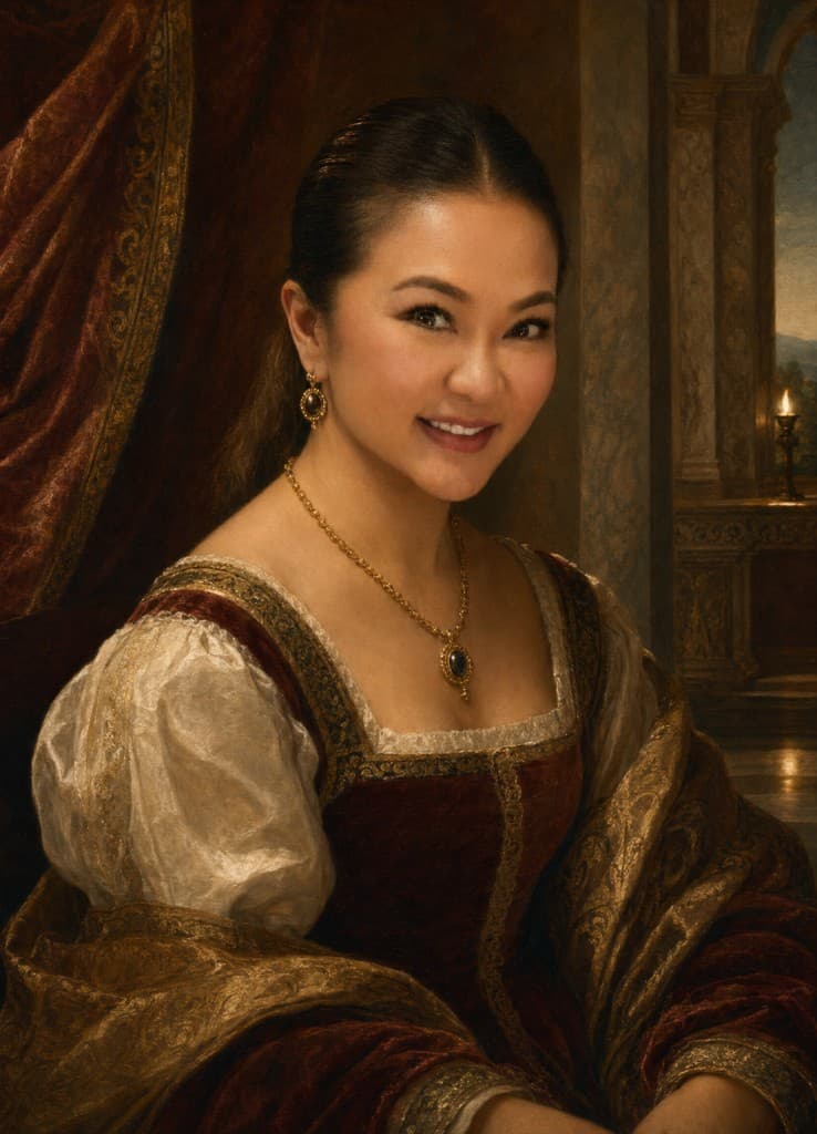 Portrait in burgundy Renaissance-inspired dress with gold jewelry in an interior setting