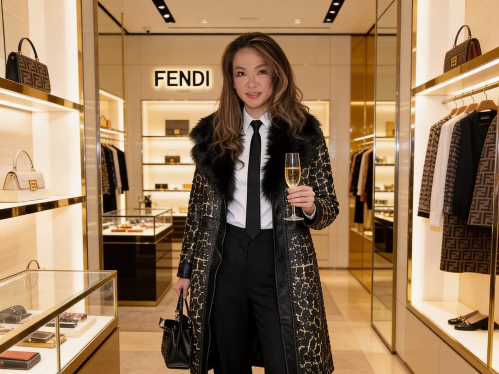 Portrait in embellished coat with champagne inside a luxury boutique