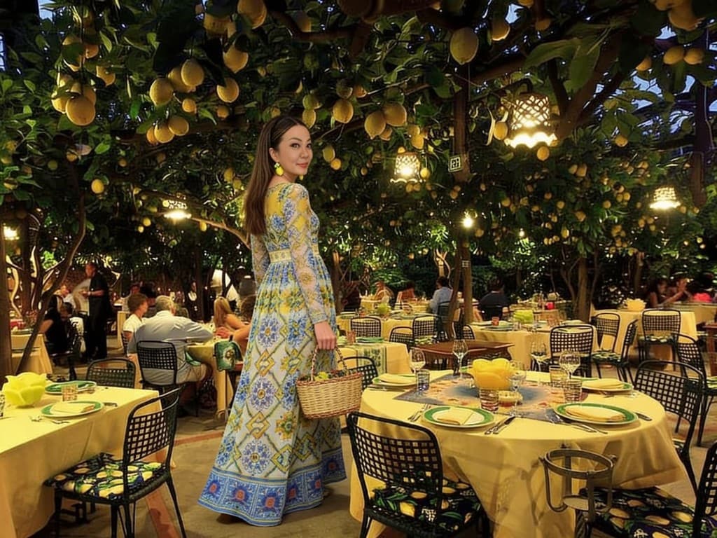 Portrait in a majolica-print maxi dress under lemon trees at an outdoor restaurant at night, lemon earrings and wicker basket