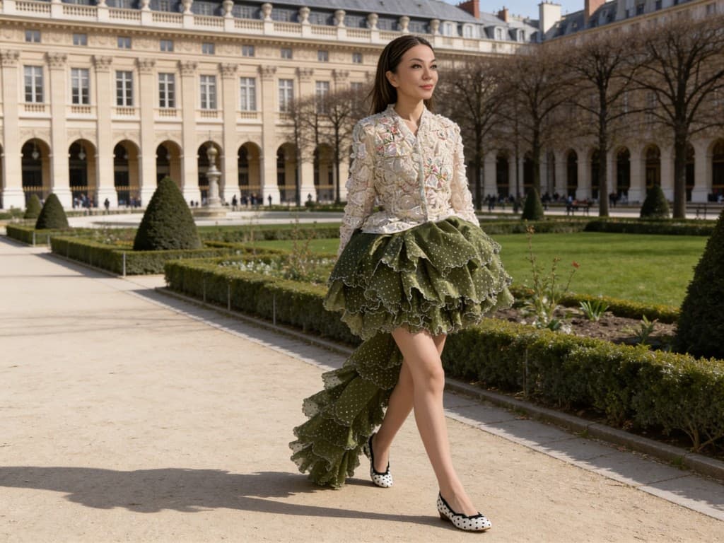 Portrait in an editorial couture look walking through a Paris palace courtyard