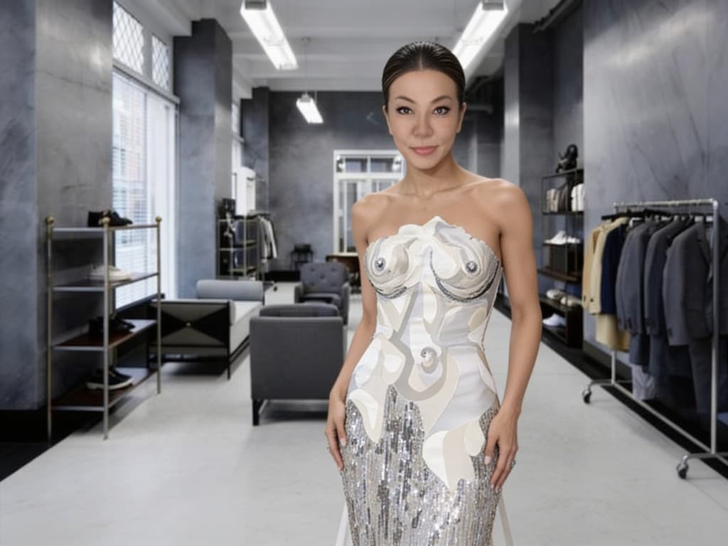 Portrait in a sculptural strapless gown with silver sequin skirt inside a modern fashion showroom