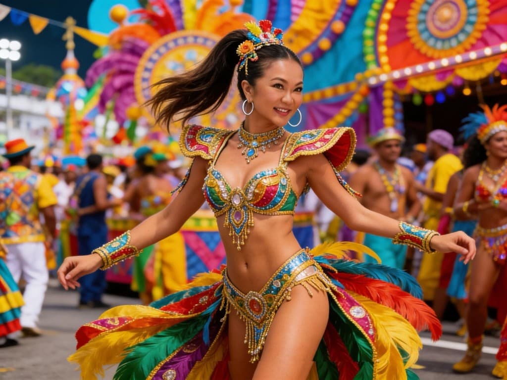 Portrait in vibrant carnival costume amid a colorful street celebration