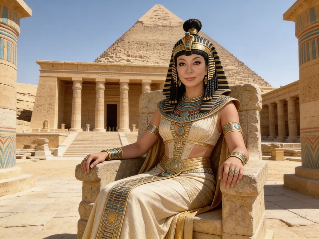 Portrait in Cleopatra-inspired styling seated before pyramids and temple columns