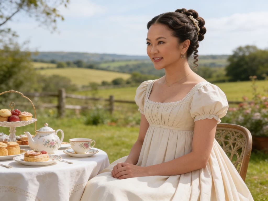Portrait in Regency-era dress at an English countryside tea setting
