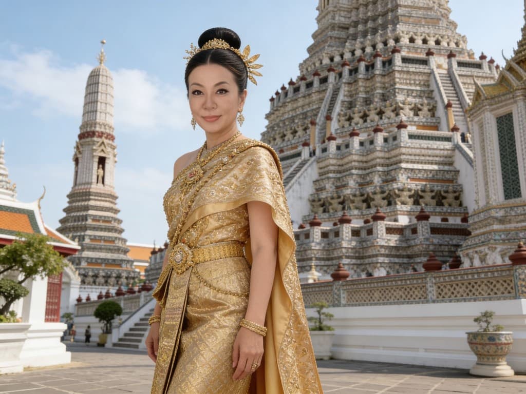 Portrait in gold Thai ceremonial dress before ornate temple architecture