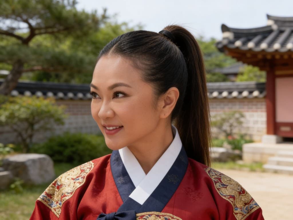 Portrait in Joseon-inspired hanbok in a Korean palace courtyard