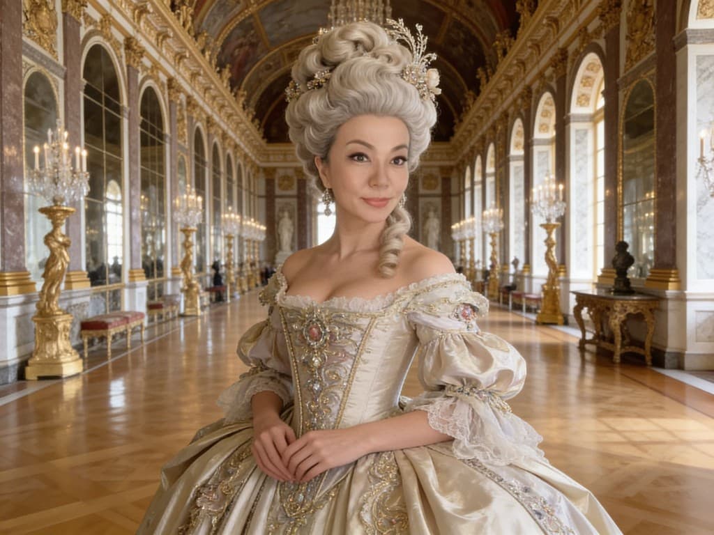 Portrait in Rococo-inspired gown inside a grand European palace hall
