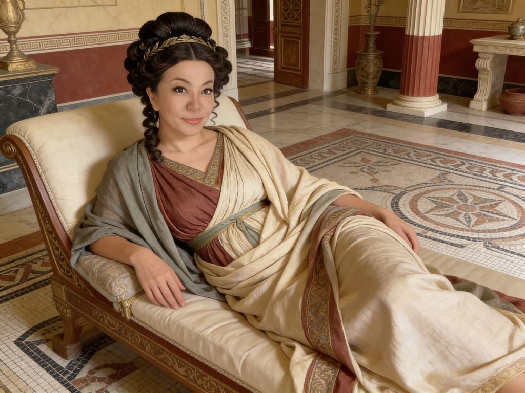Portrait in classical draped attire seated in a Roman villa interior