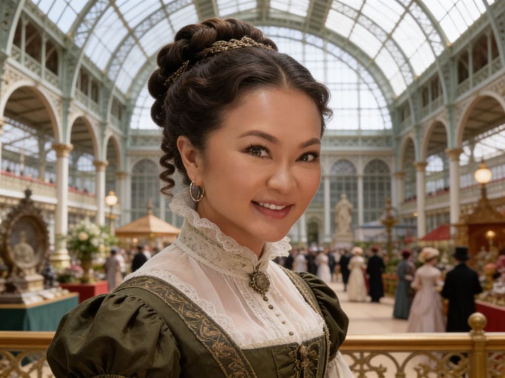 Portrait in Victorian high-neck dress in a glass-roofed market hall