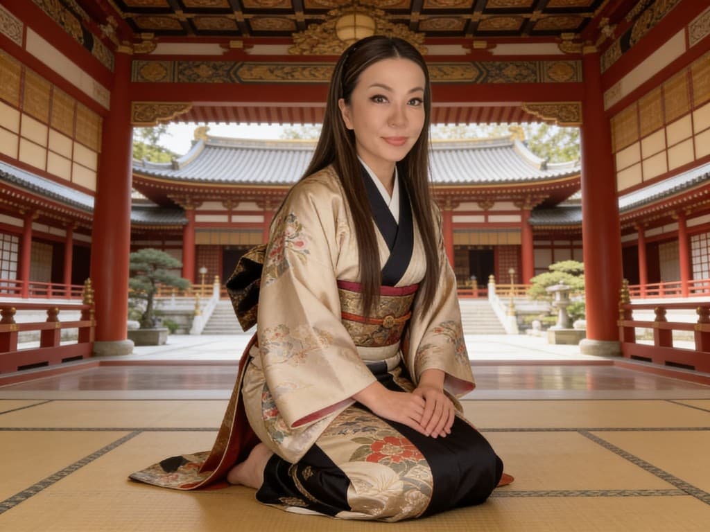 Portrait in a traditional kimono in a serene Japanese temple setting