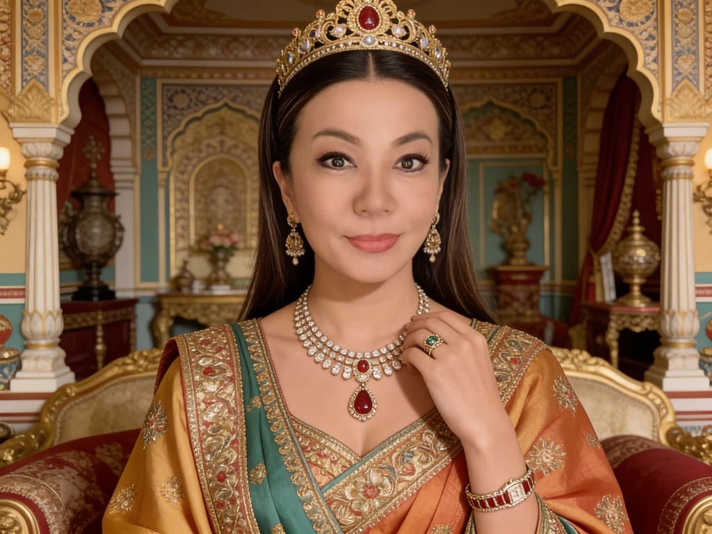 Portrait in regal Indian-inspired attire with heirloom jewelry in a palace interior