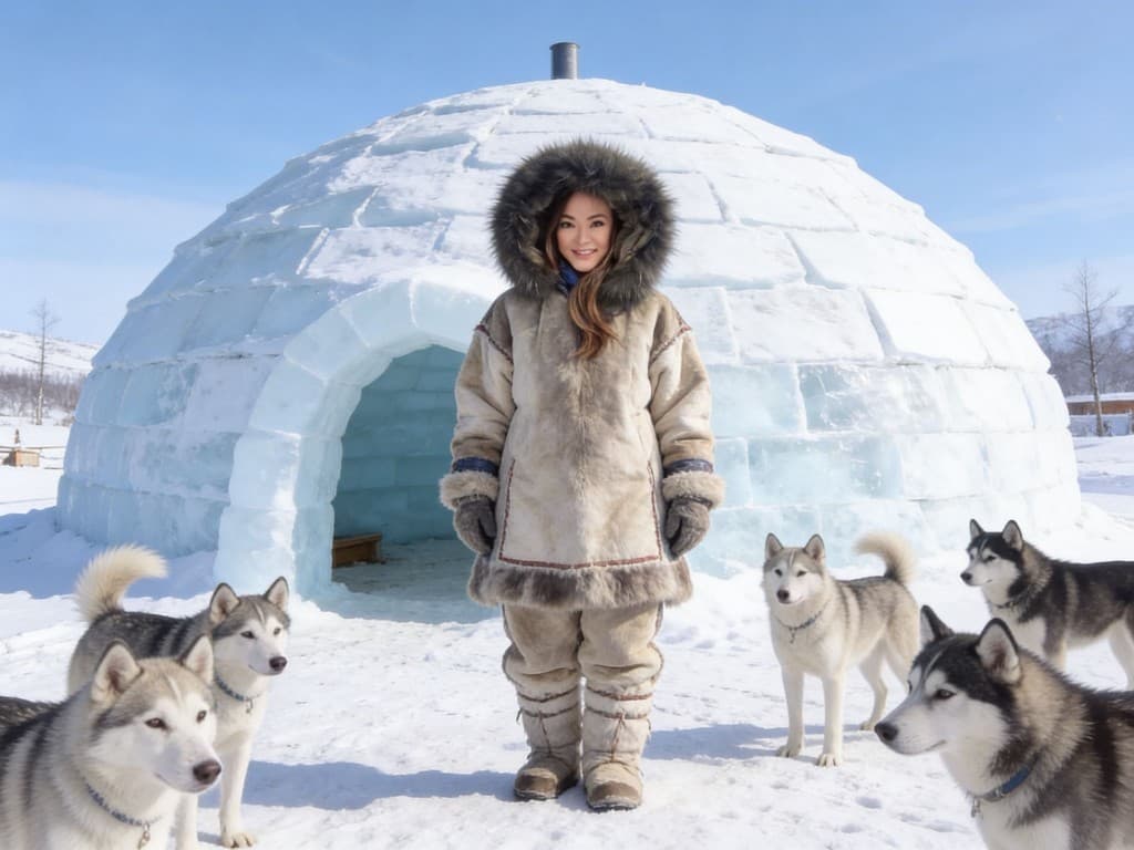 Portrait in Arctic winter attire before an ice igloo with huskies in a snowy landscape