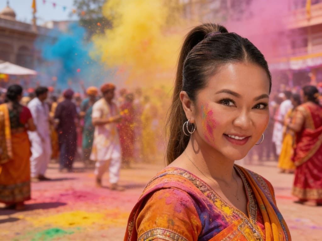 Portrait in colorful South Asian festival styling with joyful powder colors in the air