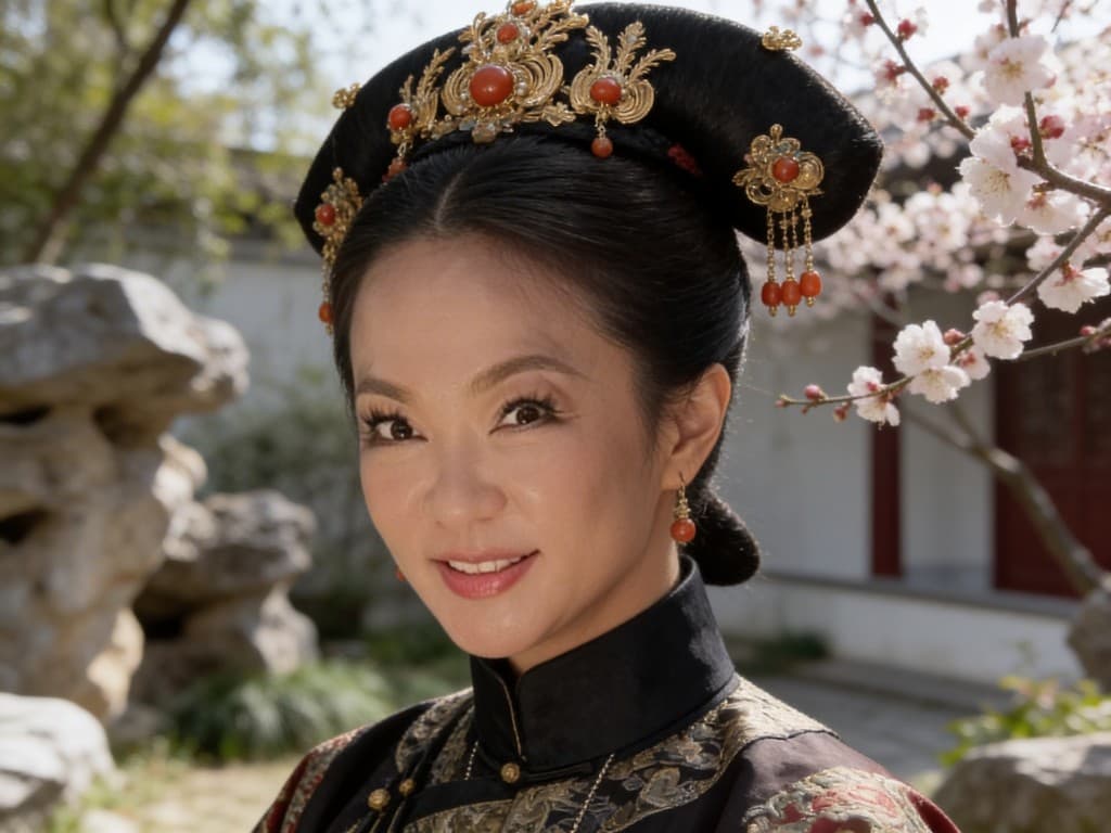 Close portrait in Qing-inspired styling beneath cherry blossoms in a garden setting