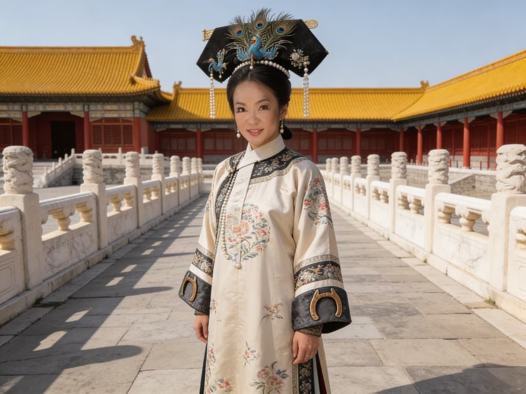 Portrait in Qing court attire at the Forbidden City with imperial architecture behind