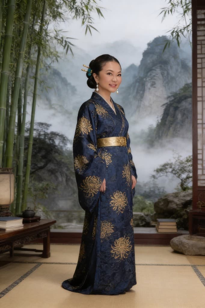 Full-length portrait in indigo brocade robe in a scholarly room overlooking misty mountains and bamboo