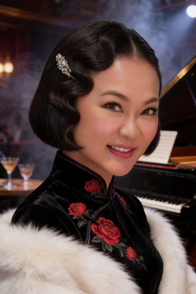 Portrait in black embroidered cheongsam with white fur wrap, set in a vintage piano lounge