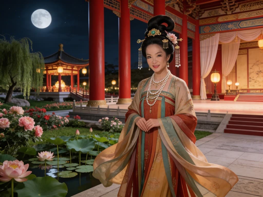 Portrait in layered hanfu before a moonlit palace lotus garden