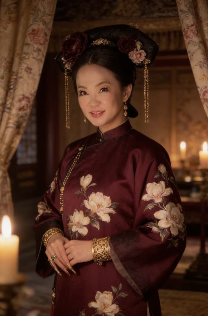 Portrait in ornate Qing-inspired robe and gold jewelry, candlelit interior