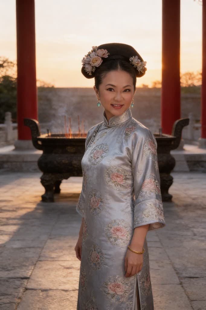 Portrait in silver floral robe at sunset in an imperial courtyard with ceremonial architecture