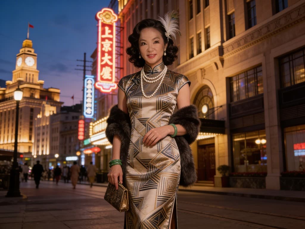 Portrait in metallic qipao with pearls and jade on a neon-lit city avenue