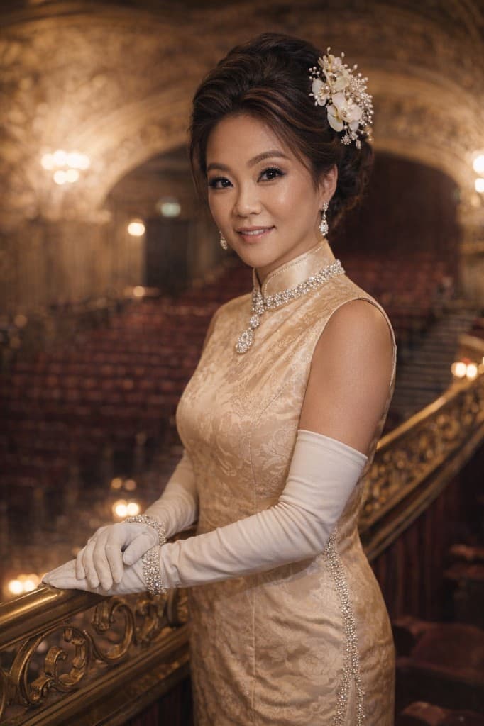 Portrait in elegant evening cheongsam styling on a theatre balcony with warm chandelier light