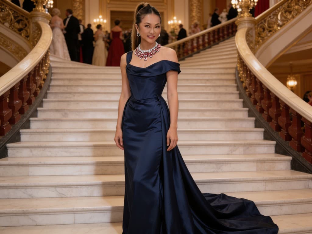 Portrait in a navy evening gown with ruby high-jewelry necklace on a grand staircase