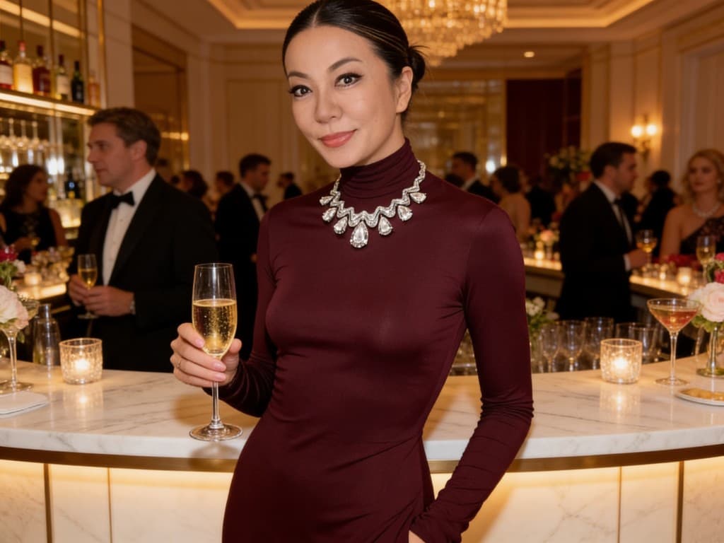 Portrait in a burgundy high-neck evening dress with diamond necklace at a champagne bar reception