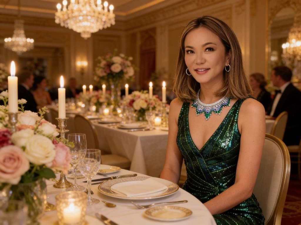 Portrait in an emerald sequin gown seated at an elegant candlelit ballroom table