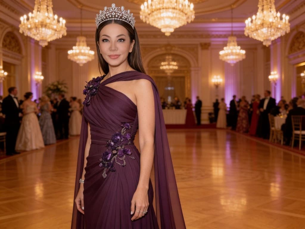 Portrait in a plum couture gown with jeweled tiara in an elegant chandelier ballroom