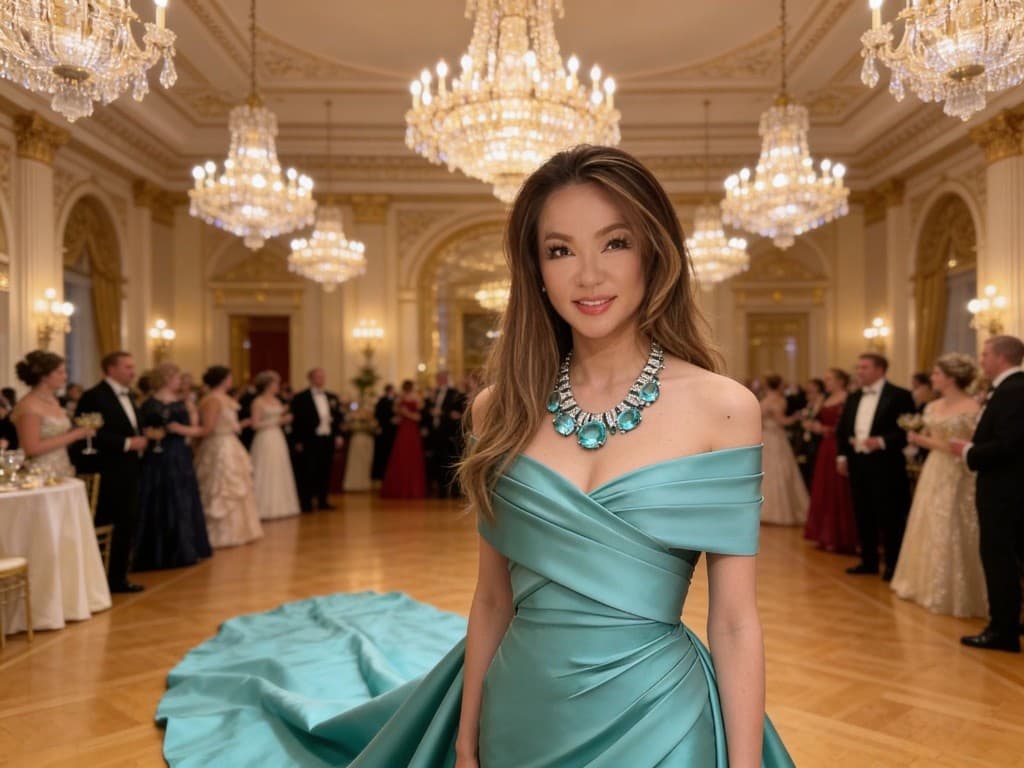 Portrait in a turquoise off-shoulder gown with gemstone necklace at a chandelier ballroom gala