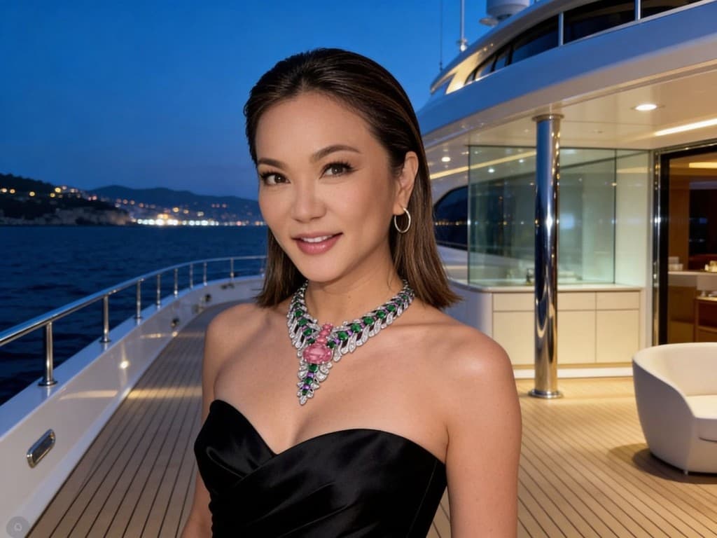 Portrait on a luxury yacht at dusk in a black evening gown with a pink and emerald high-jewelry necklace