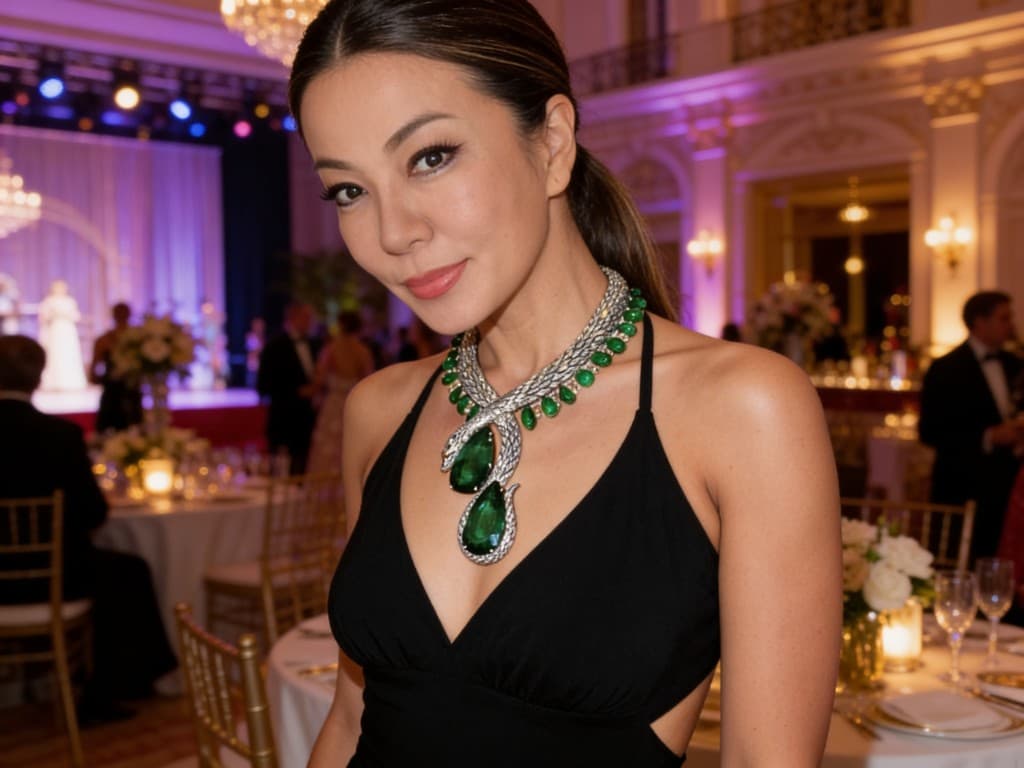 Portrait in black velvet evening dress with diamond and emerald collar at a gala