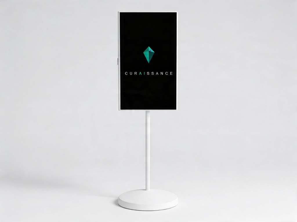 Concept guest portrait station: portrait display on a slim white pedestal with Curaissance branding on screen, neutral studio backdrop.