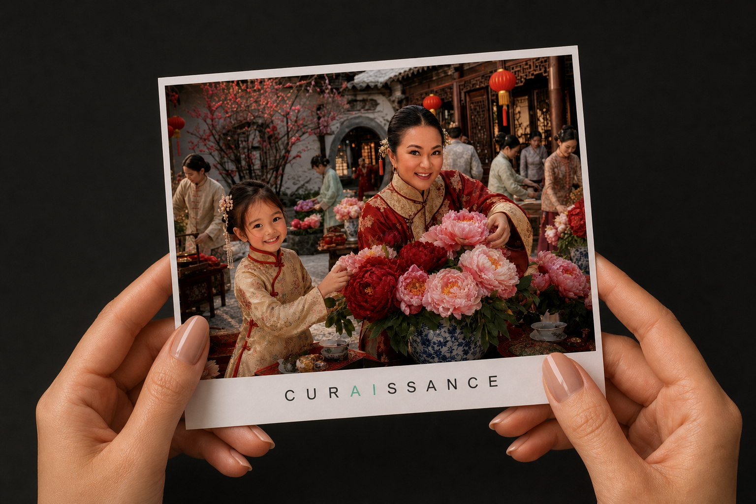 Manicured hands holding a white-label Curaissance portrait print