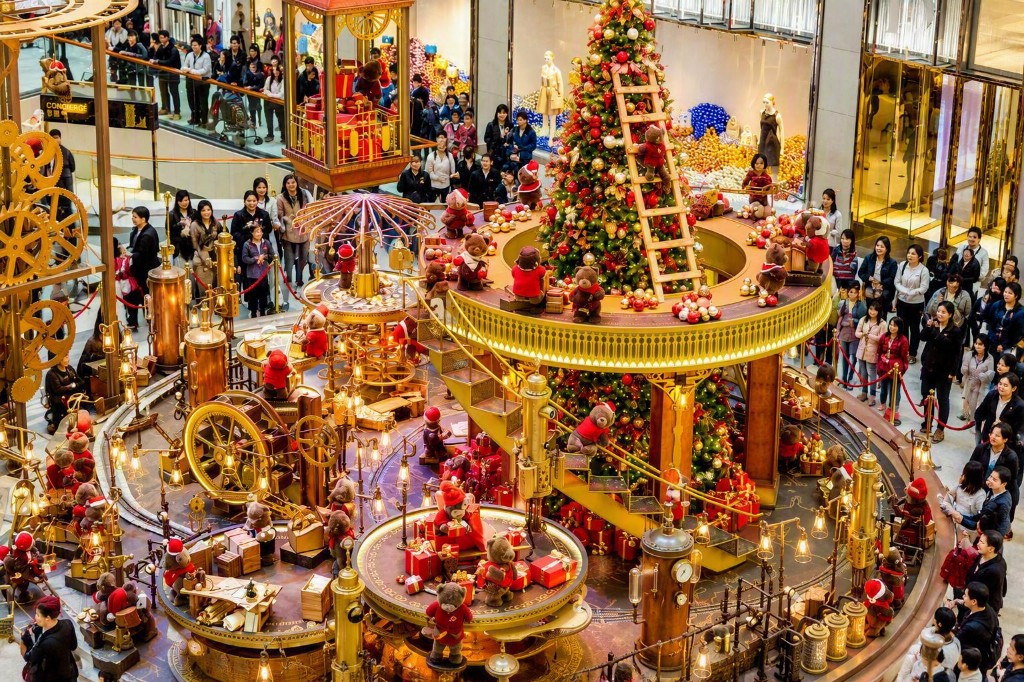 Illustrative festive installation within a luxury mall atrium