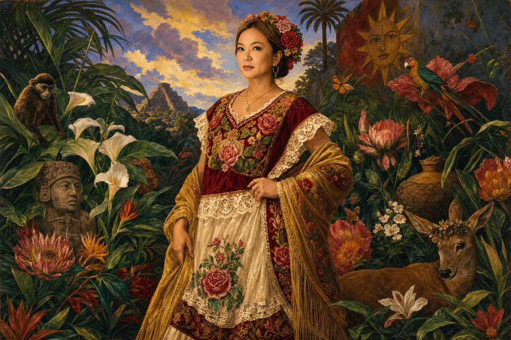 Portrait in Frida Kahlo folk-art style with floral crown, lace collar, and bold botanical colour