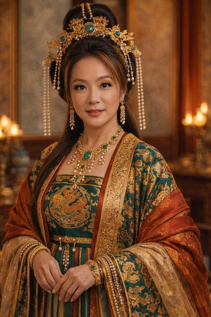 Portrait in emerald and gold ceremonial brocade with palace jewelry